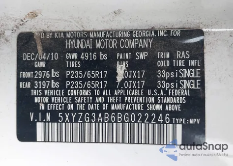 2011 Hyundai Santa Fe Gls из США, поврежденный, VIN 5XYZG3AB6BG022246